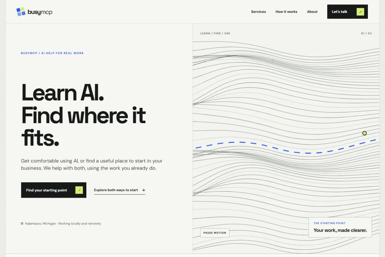 BusyMCP’s spacious light website introducing Learn AI and AI opportunity discovery