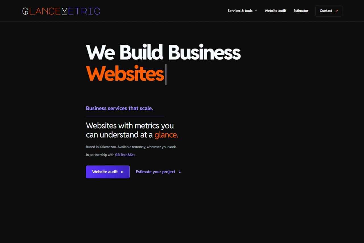 GlanceMetric’s dark orange-branded website with marketing tools