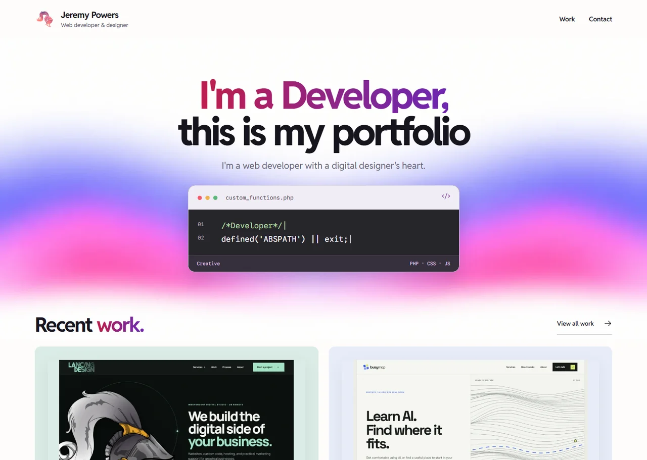 Jeremy Powers’ personal portfolio with a colorful background and project-focused introduction