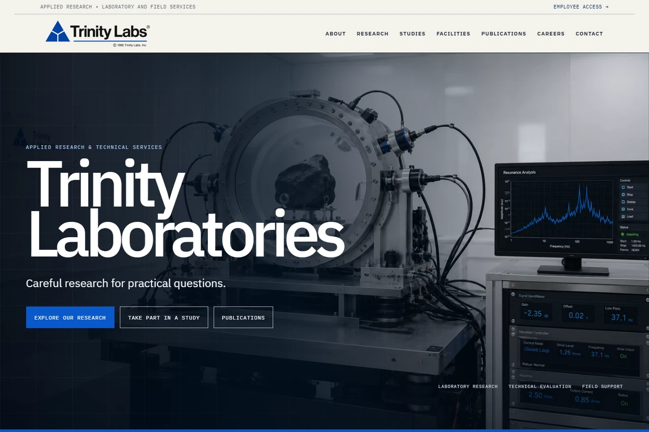 Trinity Laboratories’ blue and white public website with laboratory imagery